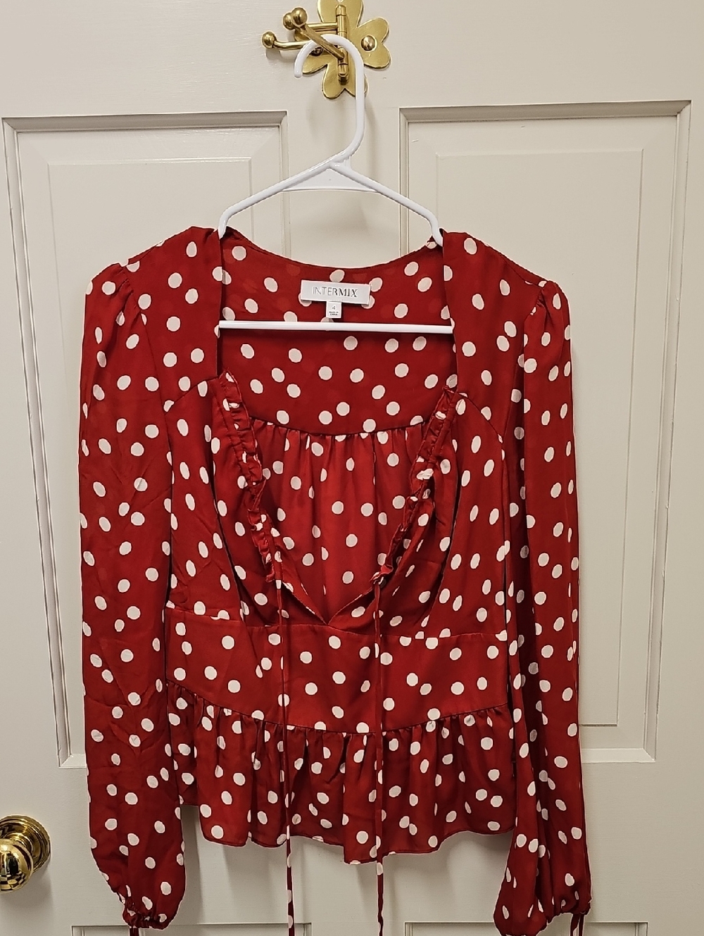 INTERMIX Red and White Polka Dot Ruffle Peplum Blouse